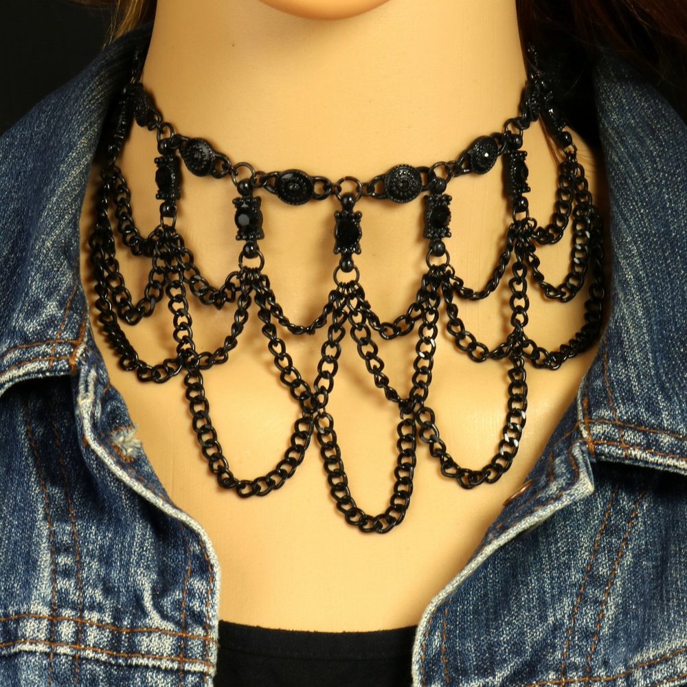 Black Bib Necklace Goth Choker Black Drippy Chains